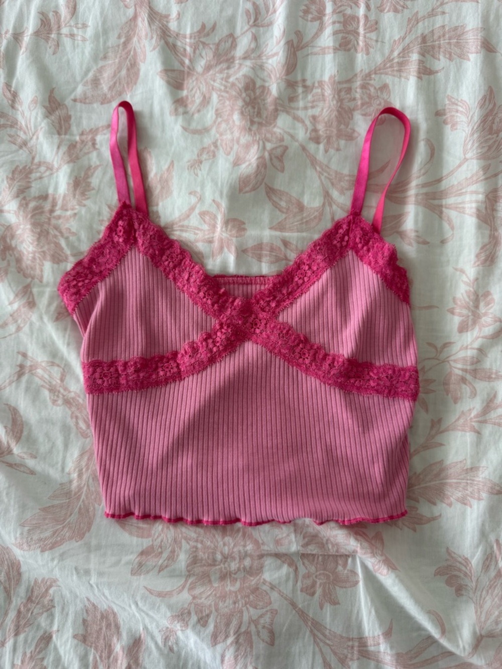 Pink Ribbed Lace Trim Cami Top